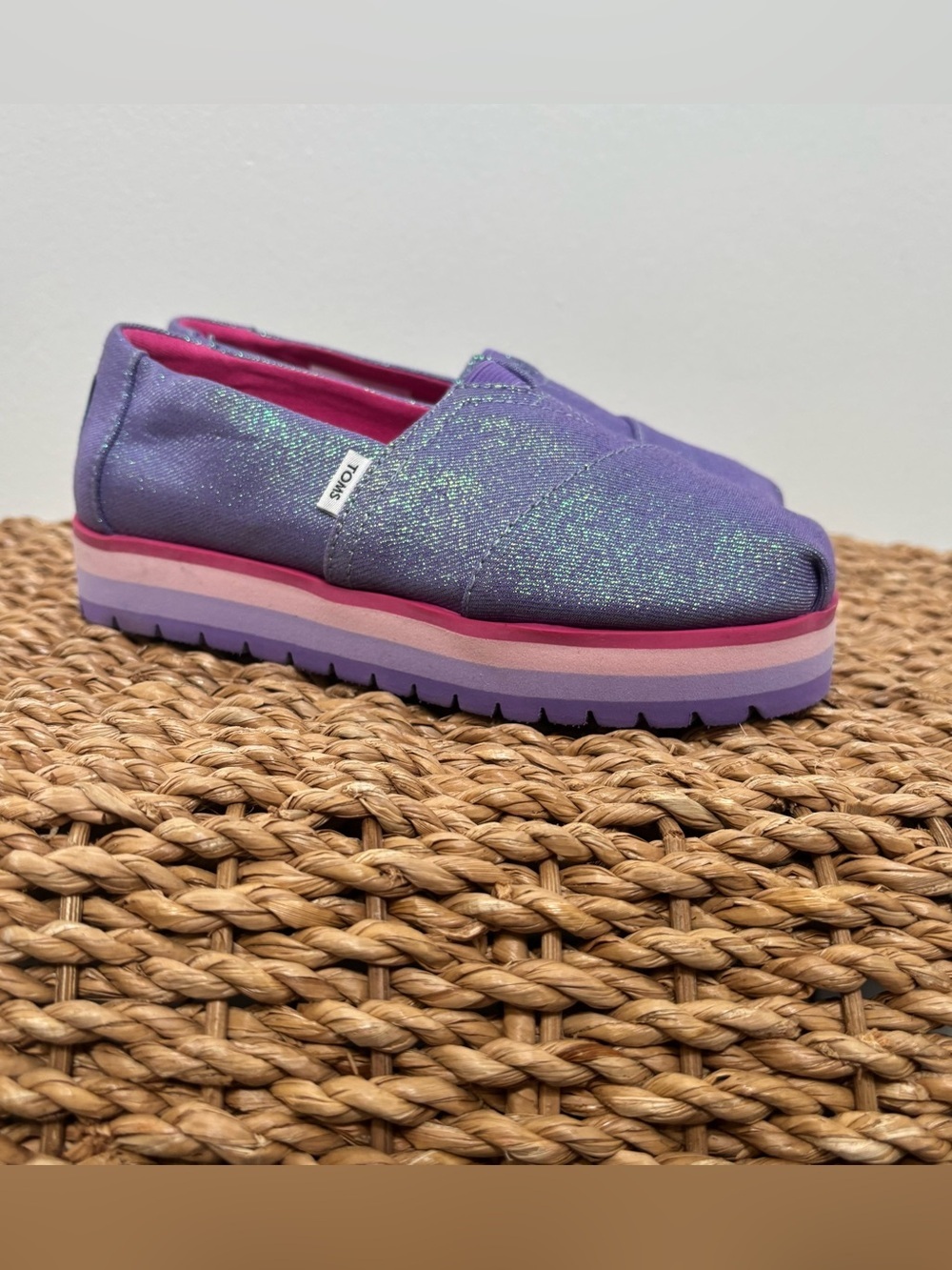 Toms Girls Purple Glitter Slip-On Platform Shoes with Pink Accents